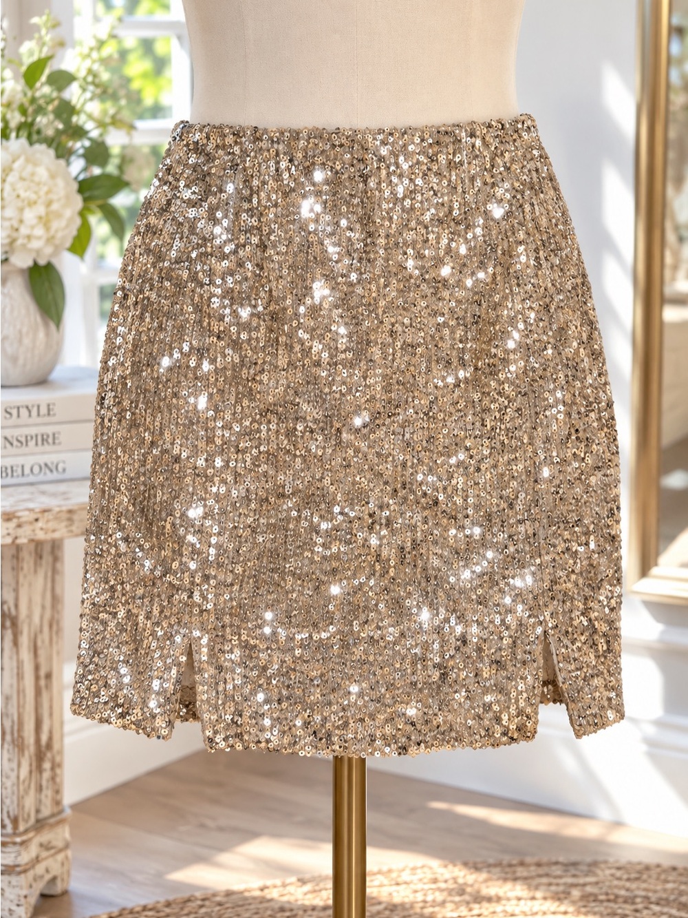 14” waist no stretch Sequin Mini Skirt in Gold - Women's Party Skirt